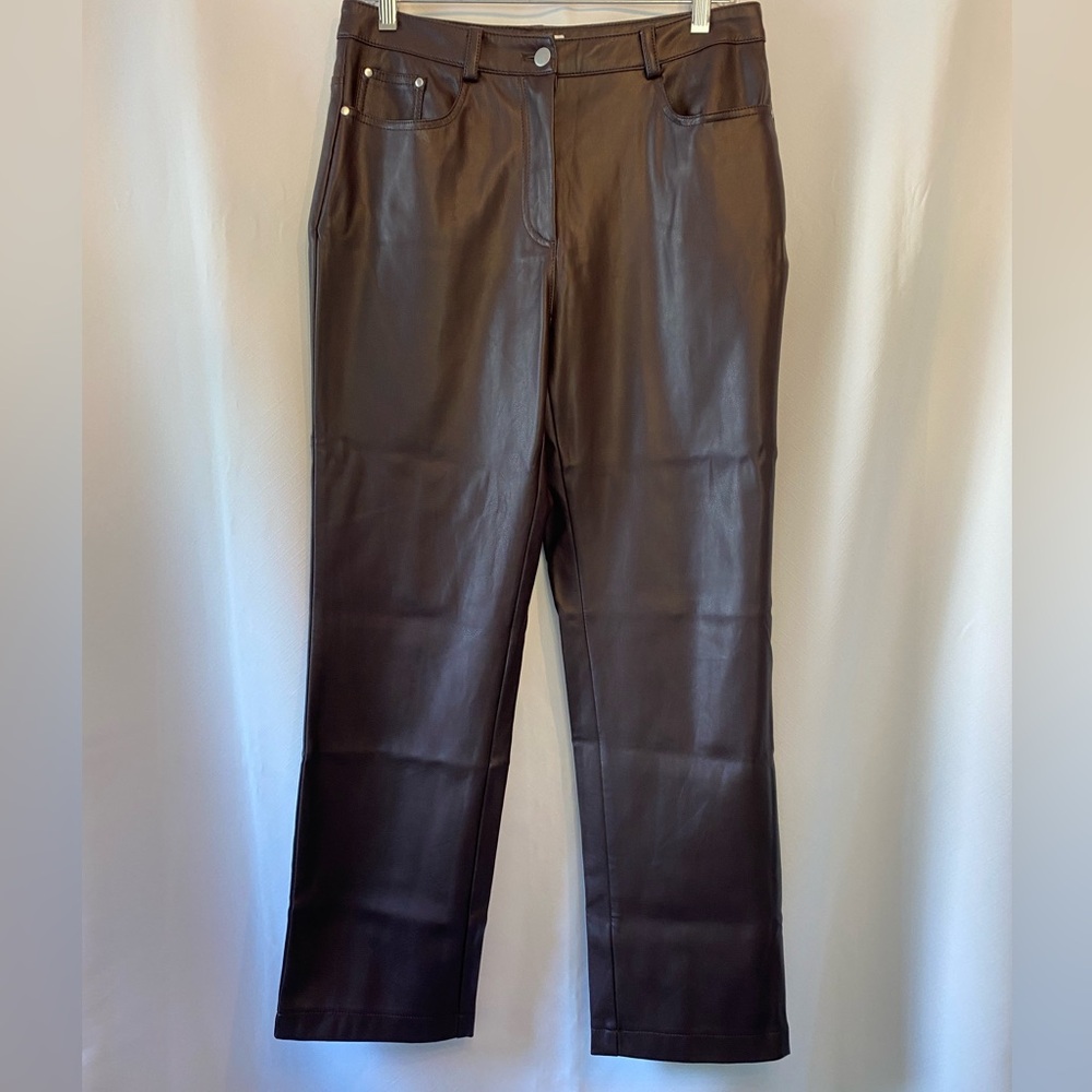 Avec Les Filles Chocolate Brown Straight Leg Faux Leather Pleather Pants Medium